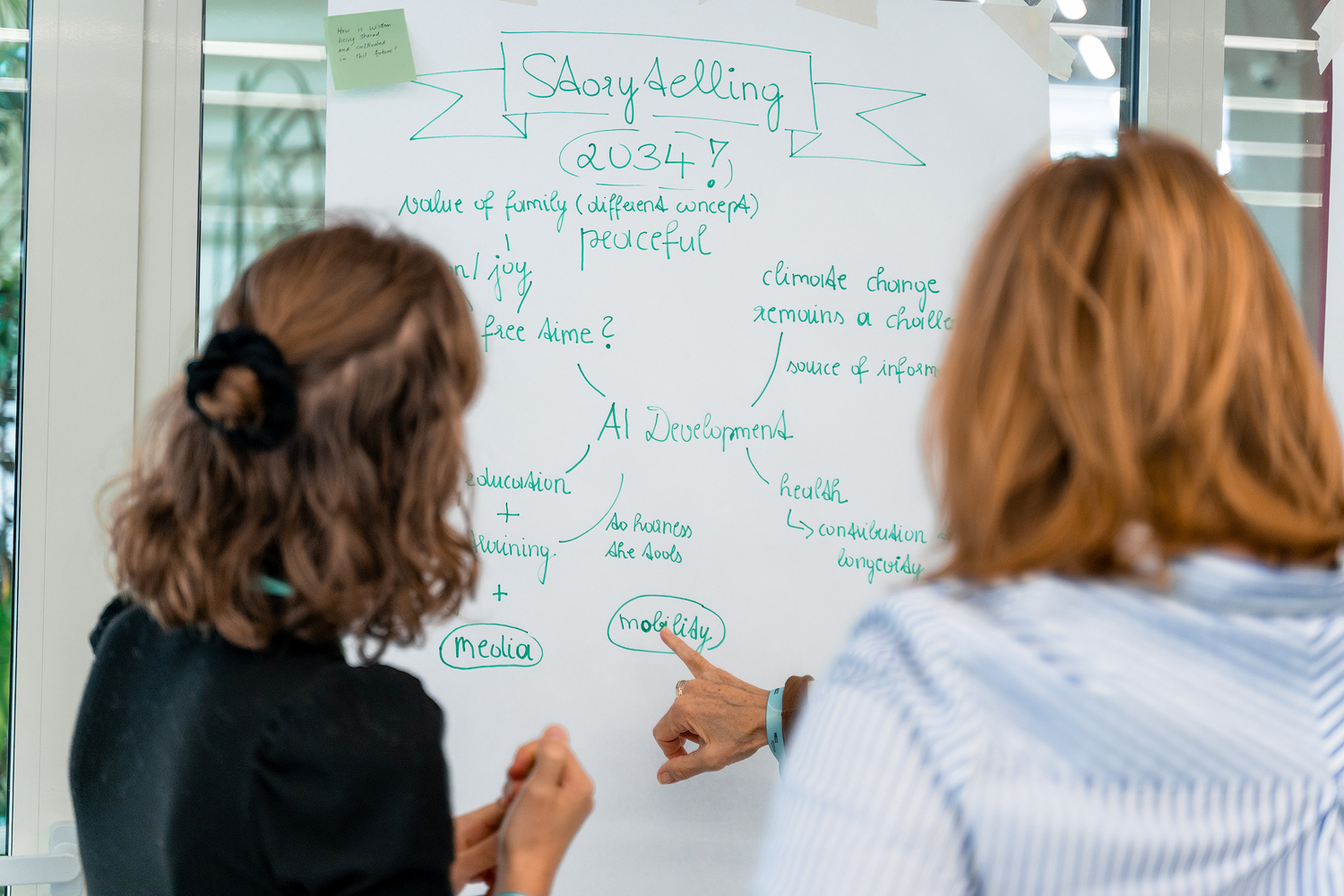 © THE CIVICS Innovation Hub _ Geri Lula_07009 Two women discuss a mind map on a whiteboard titled "Storytelling 2034" during the NECE Lab in Tirana.