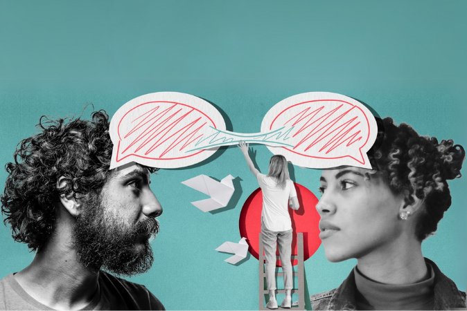 Collage of a man and woman facing each other with speech bubbles connected. A woman on a ladder draws a line between them, symbolizing communication.